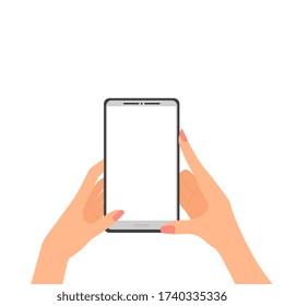 Female hands are holding a smartphone with a blank screen. Vector illustration, flat cartoon design, eps 10.
