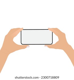 Manos femeninas sosteniendo Smartphone con pantalla en blanco, aisladas en fondo blanco. Ilustración vectorial en diseño plano