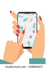 Female hands holding smartphone with city street map on screen. Online carshering concept. Finger presses geolocation button. gps navigator. Mobile navigation concept.Flat cartoon vector