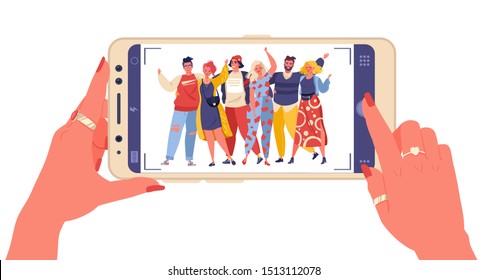 Female hands holding smartphone with young smiling men and women displaying on screen. Friends take pictures. Asked someone to take a photo. Flat colorful cartoon illustration.