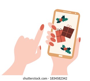 female hands holding smartphones and shopping online a Christmas gifts flat cartoon vector illustration.

