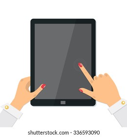 Female hands holding a tablet computer. Finger touching digital tablet screen. Vector illustration.