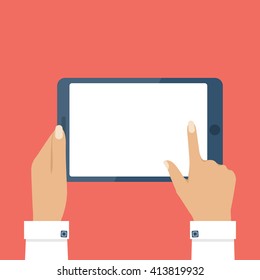 Female hands holding tablet computer touch screen. Woman hold tablet. Blank screen. Vector illustration flat design style.