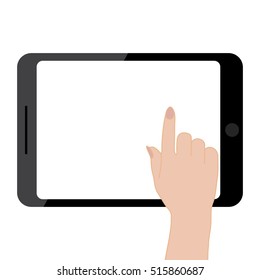 Female hands holding tablet computer touch screen. Blank tablet screen. Touch screen of tablet. Vector illustration flat design style.