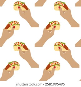 Female hands holding taco meat and vegetables filling Seamless Pattern. Mexican cuisine background