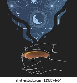 Female hands holding tea cup. Vector hand drawn illustration