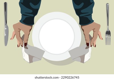 Female hands holding white tissue on top of white empty plate fork and spoon