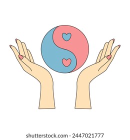 Female hands holding yin yang sign. Groovy hippie style. 
