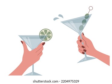 Female hands holdings martini glass isolated on a white background. Vector poster with alcoholic drinks.