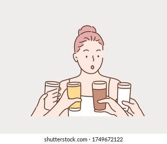 Female Hands Holds Group Useful Colorful Beverages Drink Coffee Milk Tea Orange Juice Water. Hand drawn style vector design illustrations.