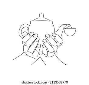 las manos femeninas sostienen un hervidor de agua. ilustración de material vectorial. esquema