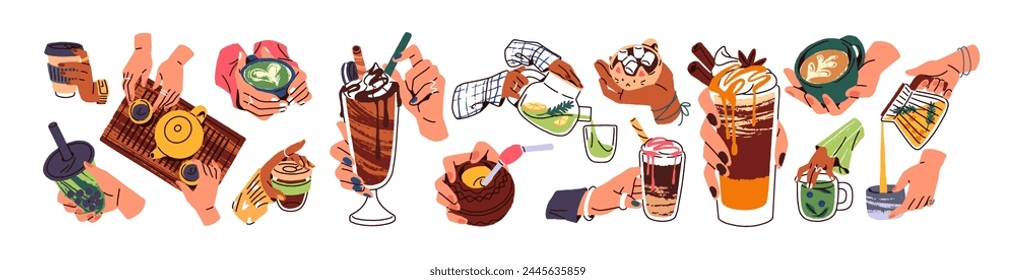 Female hands with hot drinks set. Women hold cup of coffee with cream, matcha. People pour beverage from teapot into teacup, brew herbal tea. Flat isolated vector illustration on white background