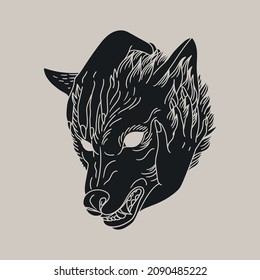 Female hands hug an evil wolf. Vector hand drawn illustration