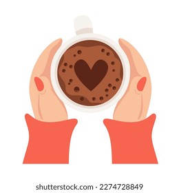 Female hands hugging hot coffee mug. Top view. Hot coffee with heart. Vector illustration. Hand drawn in flat style. Applicable for coffee house advertisement design, postcards, decor.