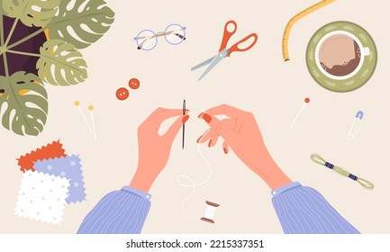 Female hands insert thread into needle. Woman create outfit. Top view. Needlework and hobbies. Handmade clothes. Fashion designer or dressmaker. Vector illustration in flat cartoon style.