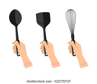 Female hands with kitchen utensils: ladle, spoon, spatula and whisk. Flat illustration of kitchenware  and cooking tools. Vector element for web design and inforaphics.