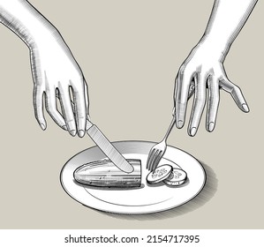 Female hands with a knife and fork over a cut cucumber lying on a plate. Vintage stylized drawing. Vector illustration