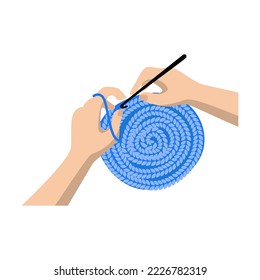 Female hands knit a round rug isolated in white background. Hobby, handmade, clothing concept. Cute colorful knitting symbol. Cartoon vector illustration.