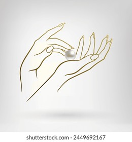 female hands with a large pearl on a light background