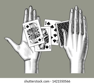 Female hands laying out the playing cards. Vintage engraving stylized drawing. Vector illustration 