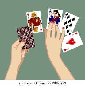 Female hands laying out the playing cards. Vector illustration 