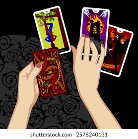 Female hands laying out the Tarot playing cards on black background. Vector illustration in modern cartoon minimalism flat style