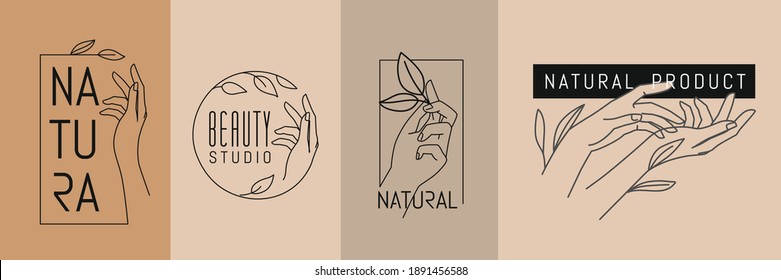 Female hands with leaves. Emblem for spa beauty salon and natural products. Logos of womens finger in minimal linear style.