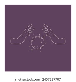 Female hands logo in minimal linear style. Vector logo design template with hands holding magic sphere. For beauty salon, tattoo, cosmetics, spa, manicure. Concept of Esotericism, Sorcery, Fortune.
