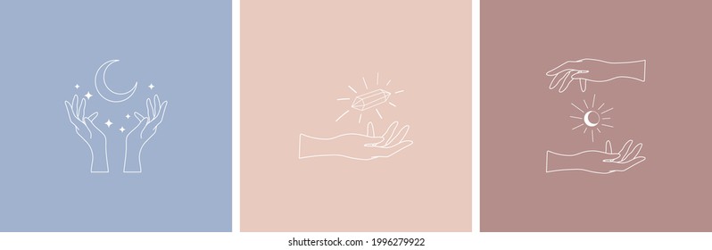 Female Hands logo vector set, hands holding moon, sun, crystal 