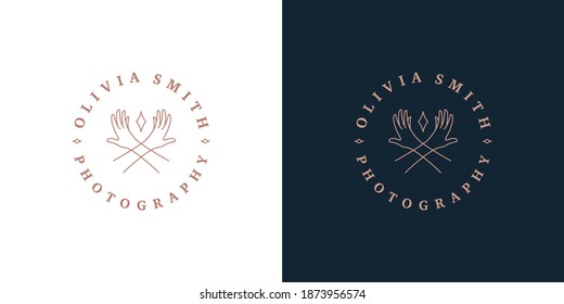 Female hands and magic star logo template linear vector illustration. Elegant woman hands emblem design for skin care cosmetic logotype or feminine brand line art style.