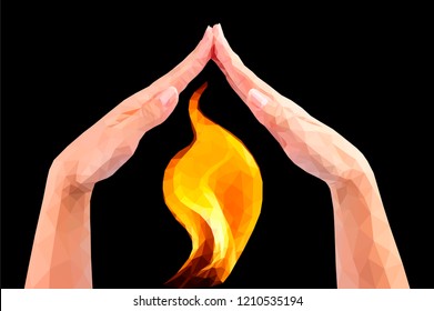 female hands make the roof cover the torch flame