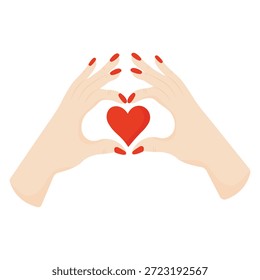 Female hands making heart shape gesture with red heart symbol for Valentines Day or love concept.