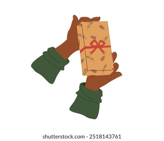 Manos femeninas o masculinas que sostienen la caja de regalo, cumpleaños, aniversario, regalo de Navidad. Envoltura de brazos, preparación de regalos para Navidades, recuerdos de año nuevo. Ilustración vectorial aislada en blanco