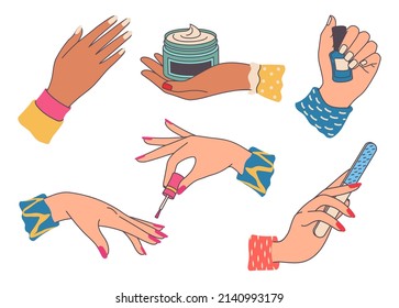 Female hands with manicure, beauty and fashion. Manicure female, fashion hand care and beauty, woman nail isolated, vector illustration