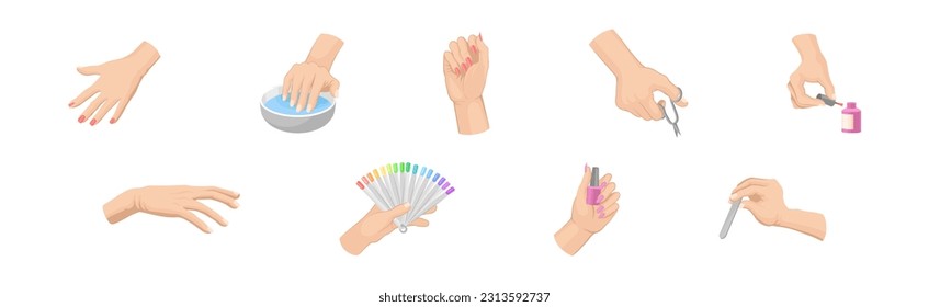 Female Hands Manicure with Nail Scissors and Lacquer Vector Set