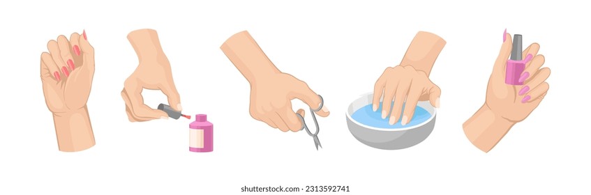 Female Hands Manicure with Nail Scissors and Lacquer Vector Set