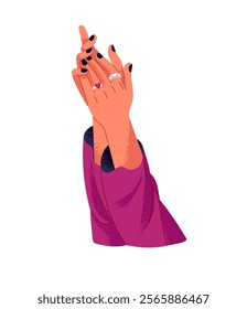 Female hands with manicure, rings applauding to congratulate, celebrate success. Woman clapping palms to show support. Happy person greeting with applause. Flat isolated vector illustration on white