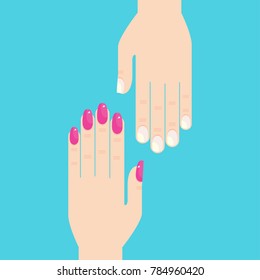 Female hands with manicure and unpainted nails. Flat vector cartoon illustration. Objects isolated on white background.