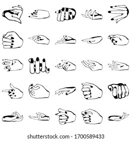 Female hands with manicure, vector set of beautiful woman hands isolated on white background