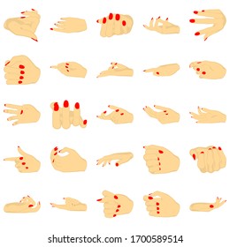 Female hands with manicure, vector set of beautiful woman hands isolated on white background