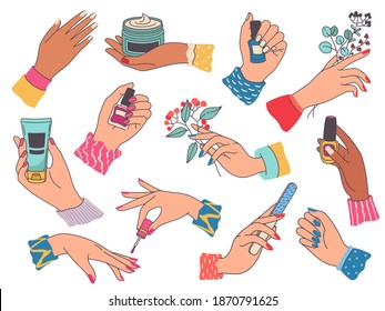 Female Hands With Manicure. Woman Painting Nails, Holding Cream, File, Flower And Polish Bottle. Beauty Salon Nail And Hand Care Vector Set. Manicurist Technician With Tools Or Equipment