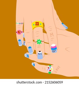 Female hands with manicured nails, golden rings and jewelry. Top view. Hands with bright cool colorful Manicure. Spa, nail treatment, beauty concept. Hand drawn colored modern Vector illustration
