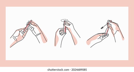 In female hands, mascara for eyelash makeup. Instructions for use. Beautiful outline drawing.