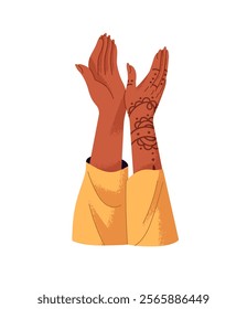 Female hands with mehendi applauding. Woman clapping palms with Indian henna ornaments. Happy applause to show support, greeting, congratulate. Flat isolated vector illustration on white background