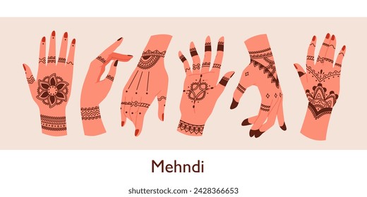 Female hands with mehendi patterns set. Mehndi tattoo and body art for girls palm with henna, traditional bridal ceremony drawing, fashion and beauty makeup for women cartoon vector illustration