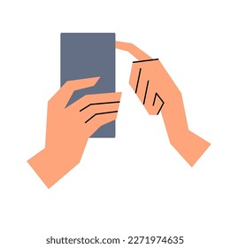 Female hands and mobile phone. Touch the phone screen with your index finger. Scrolling the page or searching for something. Smartphone from the outside. Flat vector isolated.