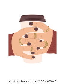 Female hands with modern manicure and gold rings holding paper cup with coffee take away. Espresso, mocha, cappuccino, latte coffee to go. Flat vector illustration isolated on white background