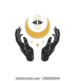 Female hands with moon crescent and eye silhouette vector illustration. Witchcraft drawing for poster and mystic logo emblem decoration or fashion print.