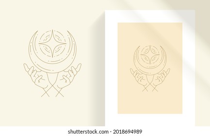 Female hands and moon with magic crystal line art style vector illustration. Boho mystic linear drawing for poster and esoteric practices logo emblem decoration or fashion print.