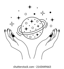 Female hands and mystical esoteric magic planet with stars. Cosmos in the hands. Celestial symbol. Vector illustration.